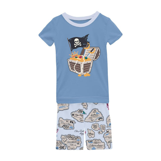 2 Piece Pajama Set (Short Sleeve + Shorts) - Dew Pirate Map with Graphic Top