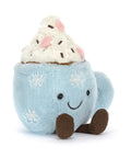Plush toy resembling a hot chocolate cup with whipped cream on a white background