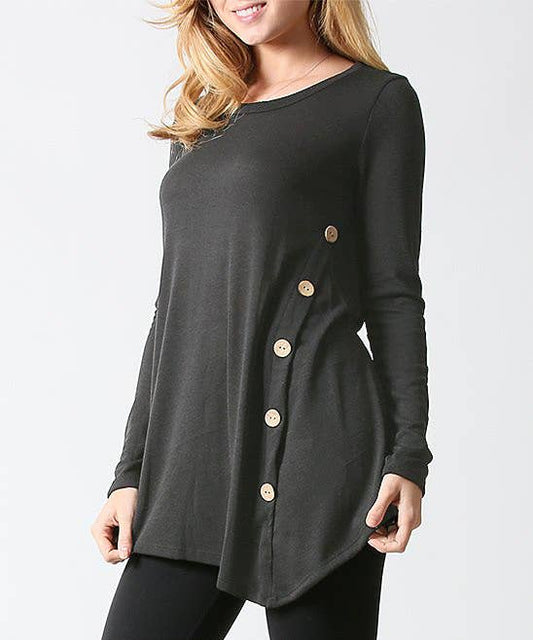 Side-Button Asymmetric-Hem Sweater (Plus Size) - Charcoal