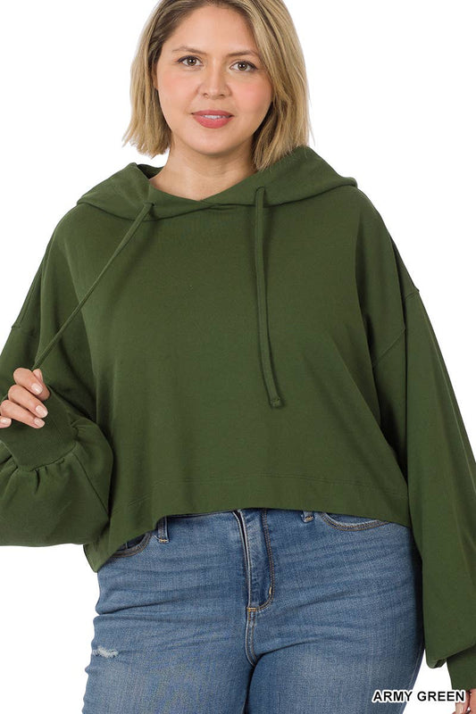 Cropped Hoodie Drop Shoulder (Plus Size) - Army Green