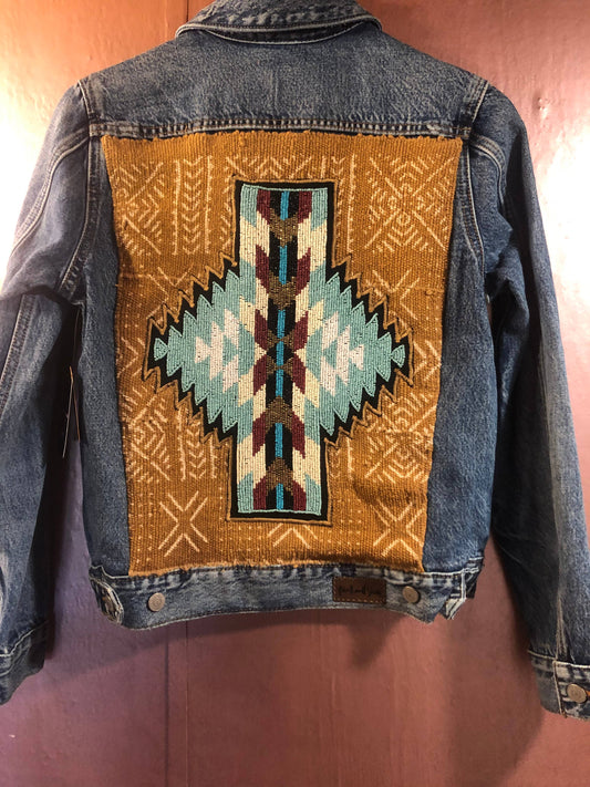 Denim Jacket - Hand Beaded design w/ African MudCloth