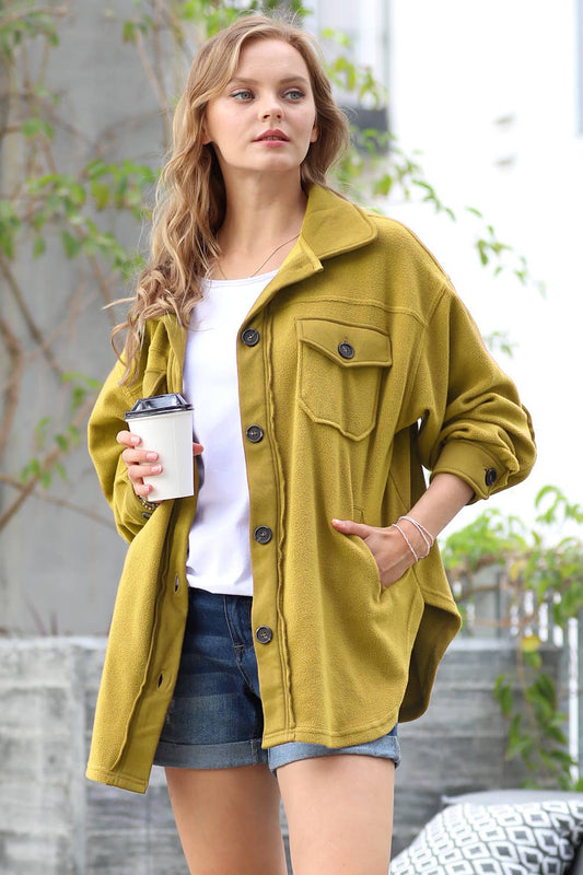 Shacket Oversized Fleece With Elbow Patch - Olive Mustard