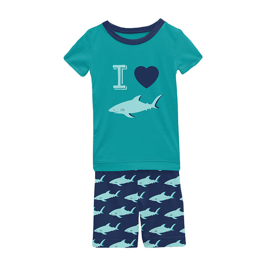 Last One: 4T - 2 Piece Pajama Set (Short Sleeves + Shorts) - Flag Blue Sharky