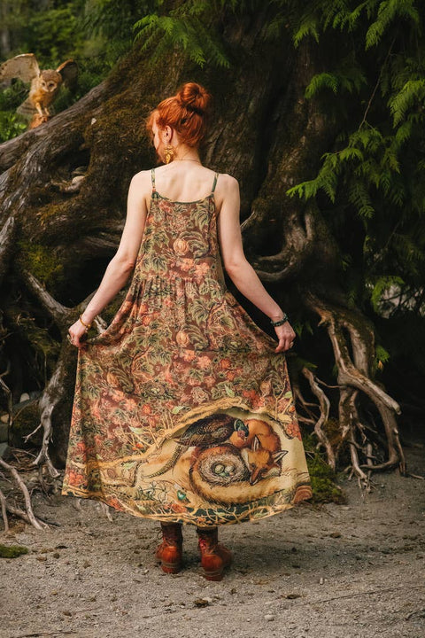 Bohéme Maxi Slip Dress - Woodland Wisdom w/ Florals, Fox & Owl