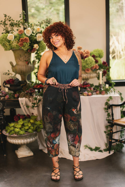 Linen Cropped Artist Pants - Flight of Fancy with Hummingbird