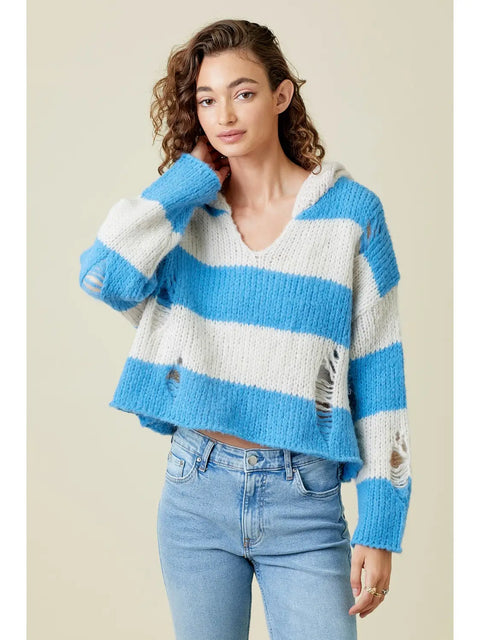 Hoodie - Distressed Sweater Blue Mix