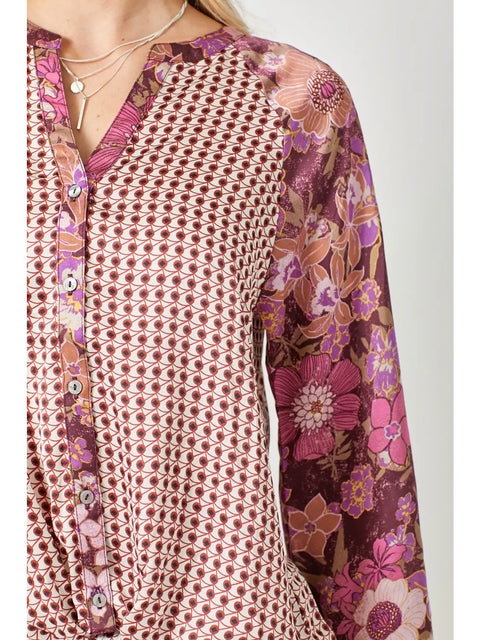 Top - Tie Front Mixed Print Merlot