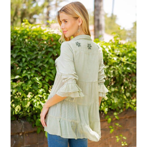 Women’s Mexican Embroidery Blouse - Gathered Waist Shirt: Gravel (Plus Size)