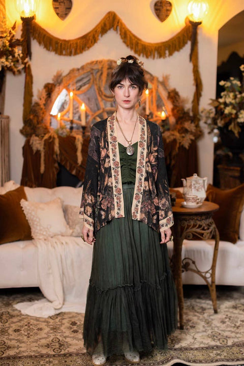 Pixie Duster Crop Kimono - Momento with Floral, Starling & Skull