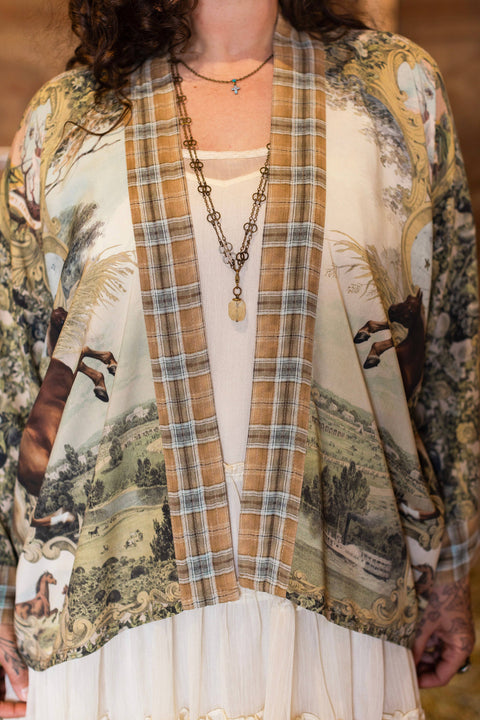 Pixie Duster Crop Kimono - Born to Run  w/ Horse & Flower Print