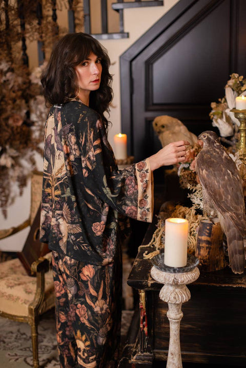 Pixie Duster Crop Kimono - Momento with Floral, Starling & Skull