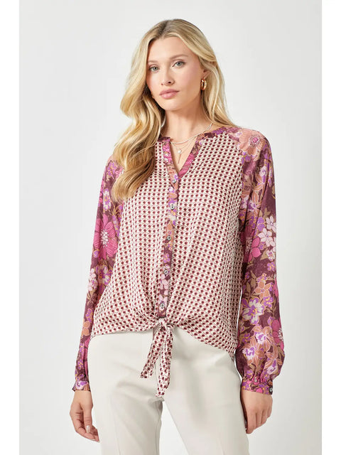 Top - Tie Front Mixed Print Merlot