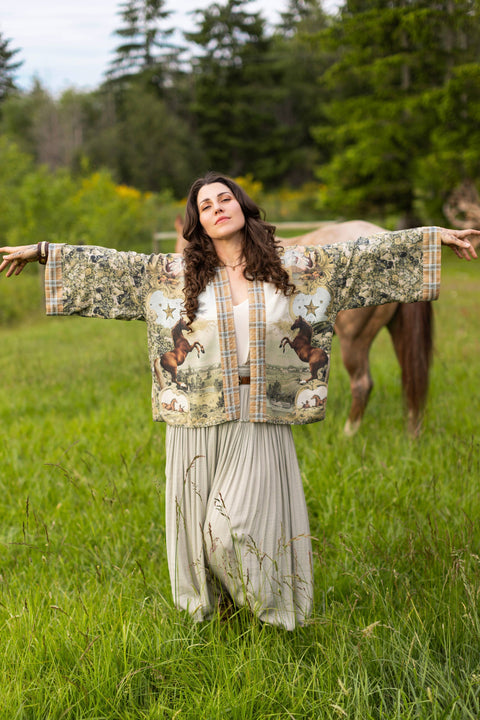Pixie Duster Crop Kimono - Born to Run  w/ Horse & Flower Print