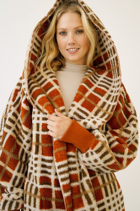 Hoodie - Checkered Open Fur Rust Mix