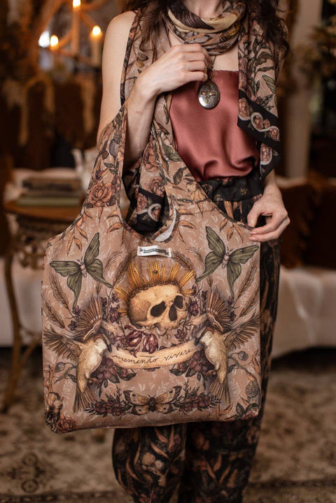 Linen Tote Bag - Momento with Starling, Skull & Floral Print