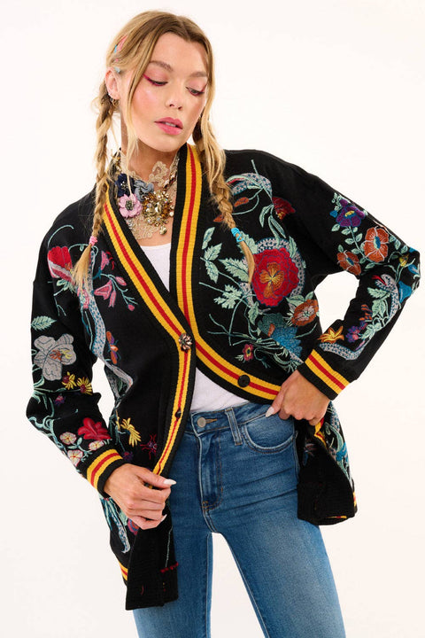 French Terry Cardigan - Hermione Night Floral Embroidery