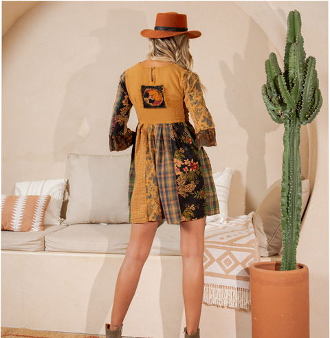 Mini Dress - Rustic Bohemian Fit and Flare Patchwork Camel