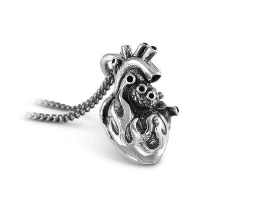 Jewelry - Flaming Anatomical Heart Necklace (Silver)