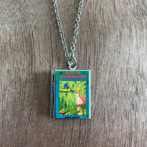 Necklace - Book Locket Alice in Wonderland Blue with Caterpillar: Stainless Steel