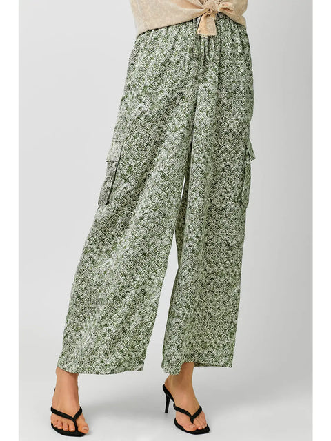 Pants - Satin Printed Cargo Olive Mix