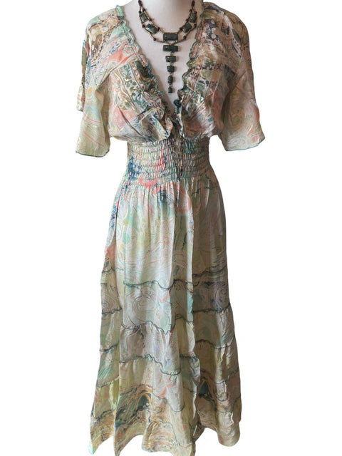 Maxi Dres (Bohemian Tiered Maxi Silk) - Ivory & Olive