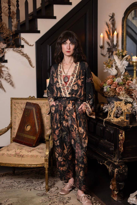 Linen Crop Artist Pant - Momento with Floral Print & Skull