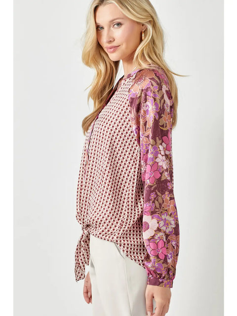 Top - Tie Front Mixed Print Merlot