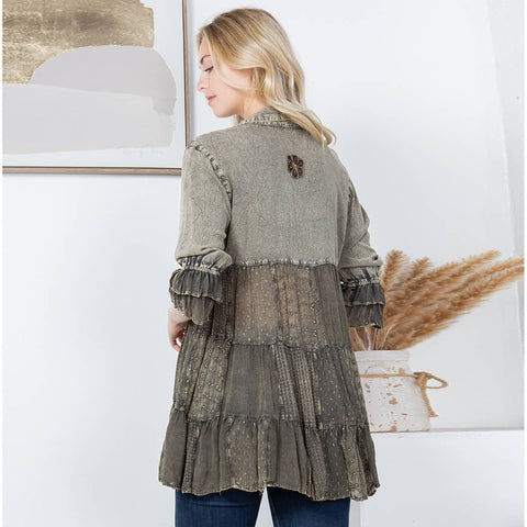 Women’s Mexican Embroidery Blouse - Gathered Waist Shirt: Gravel (Plus Size)