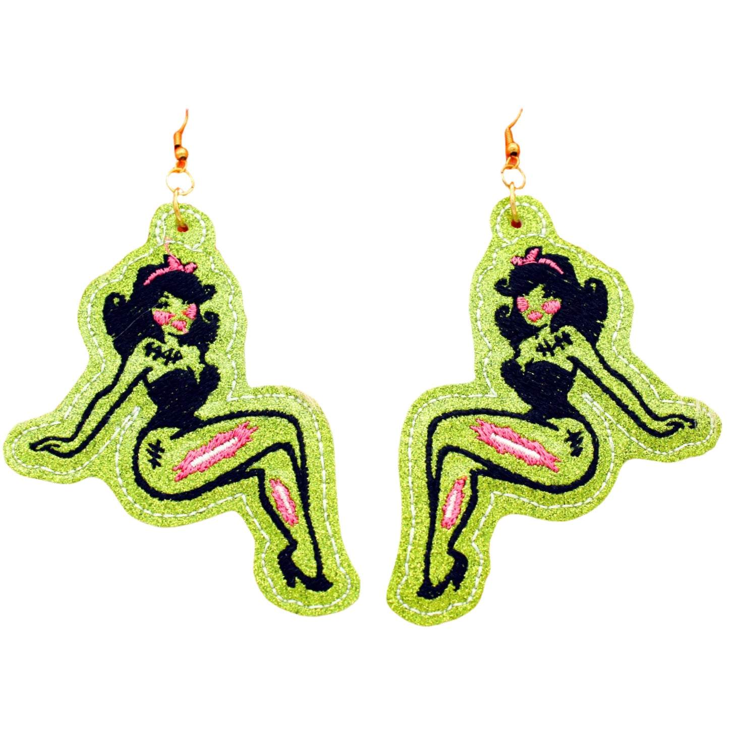 Earrings - Green Glitter Zombie Pinup Girl