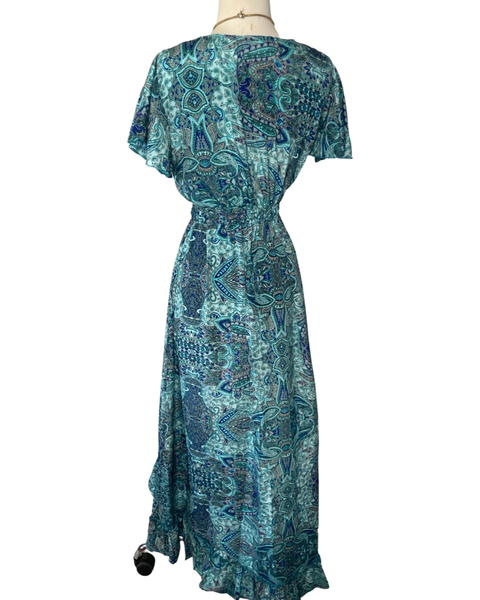 Dress - Tie Front Cut Out High and Low Silk (Blue)