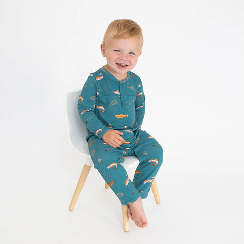 Last One - 0/3 Months: Henley Romper (Snaps) - Trout