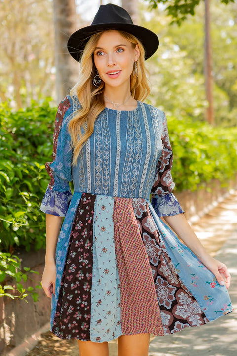 Women’s Boho Embroidered Side Pocket Western Mini Dress - Grey