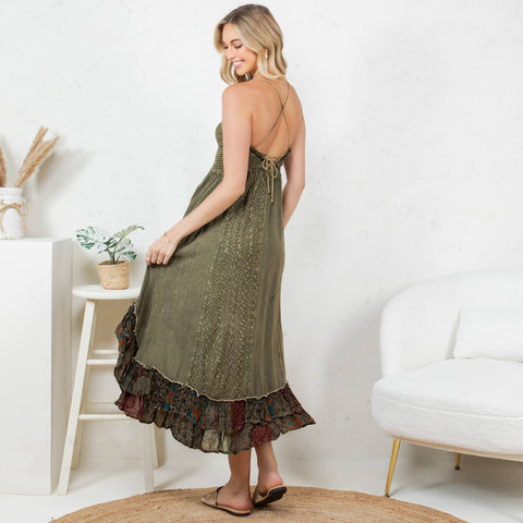 Boho Mid-Length Dress - Sun-Kissed Patchwork Gravel
