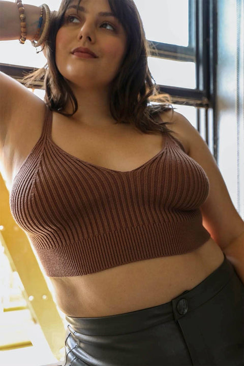 Contour Rib Knit Brami Lounge Top (Plus Size) - Brown