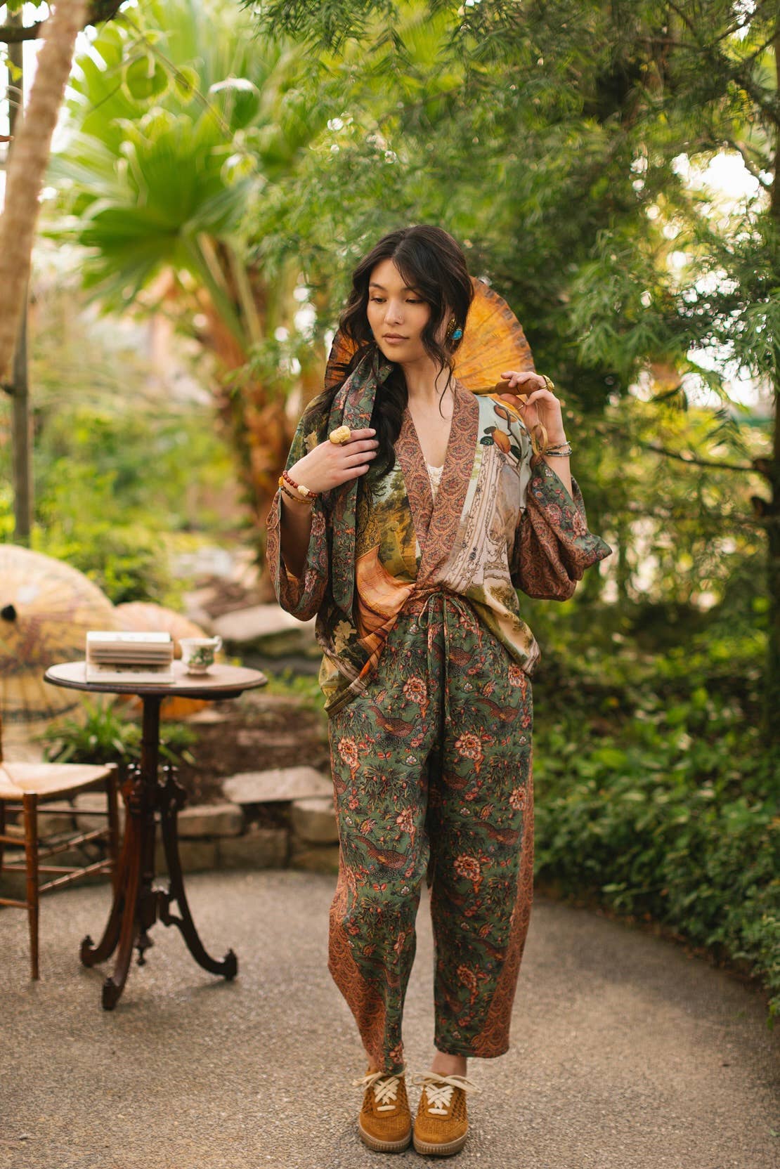 Cropped Bamboo Kimono Cardigan - Secret Garden with Swan