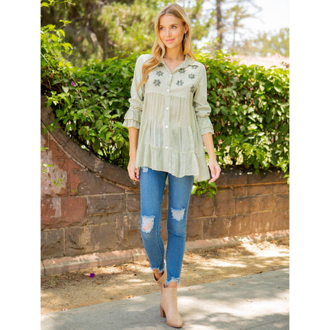 Women’s Mexican Embroidery Blouse - Gathered Waist Shirt: Gravel (Plus Size)