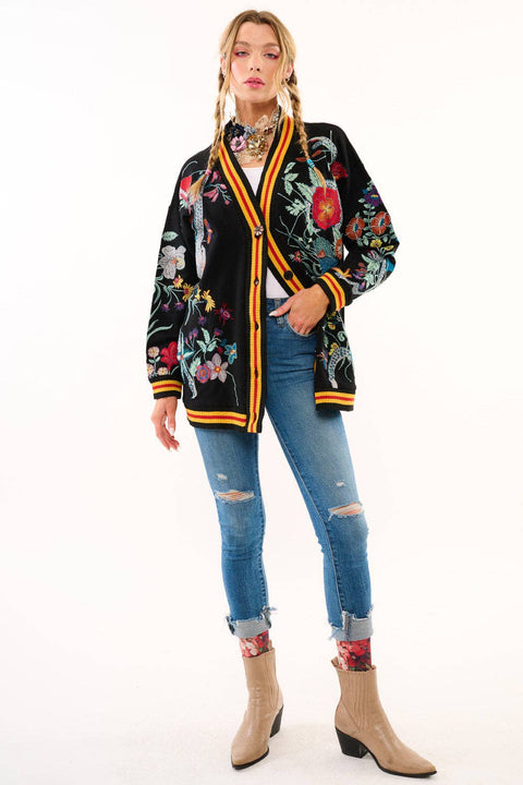 French Terry Cardigan - Hermione Night Floral Embroidery