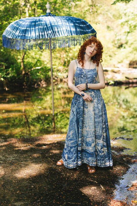 Bohéme Long Maxi Slip Dress - Let the Light In with Delft Print