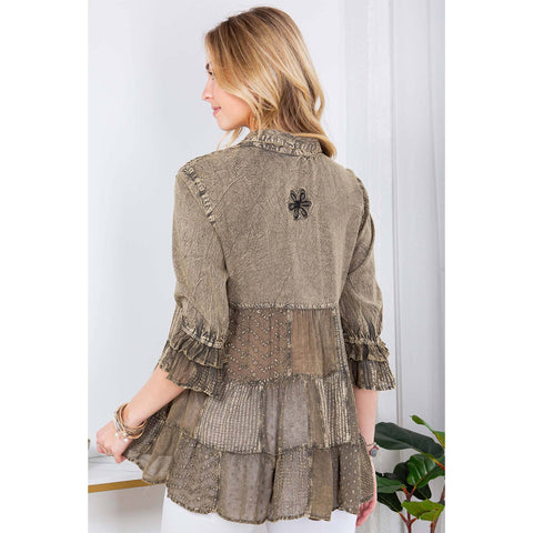 Women’s Mexican Embroidery Blouse - Gathered Waist Shirt: Gravel (Plus Size)