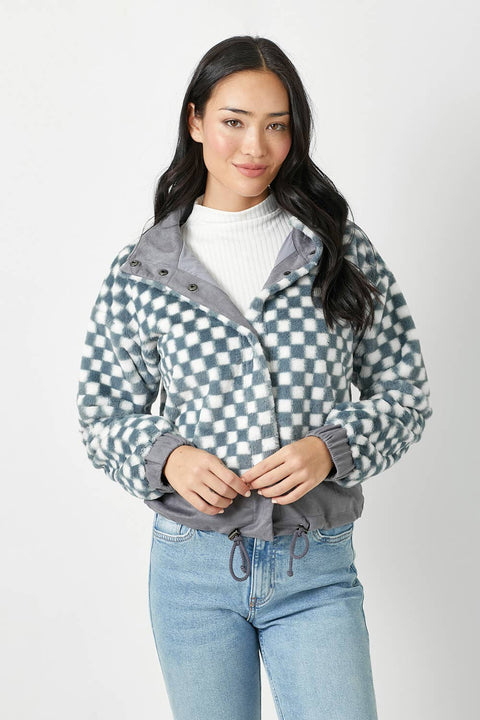 Checkered Faux Fur Jacket - Denim Blue