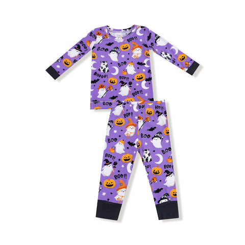 2 Piece Pajamas (Long Sleeve) - Costumed Ghosts Glow in the Dark Purple