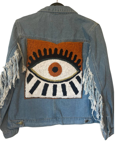Denim Fringe Jacket - Embellished Embroidered Evil Eye