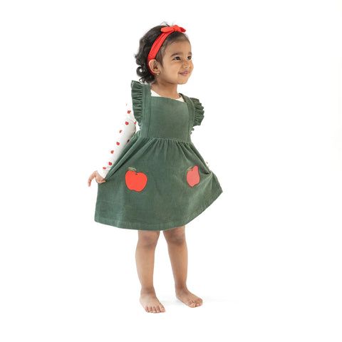 Dress with Diaper Cover - Dark Ivy Pinafore Dress with Apple Applique