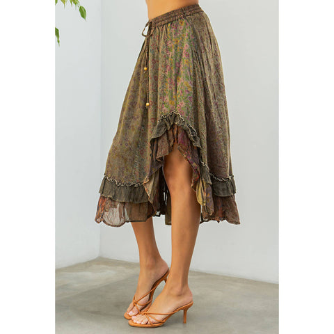 Mid-Length Skirt - Bohemian with Rayon Print: Gravel