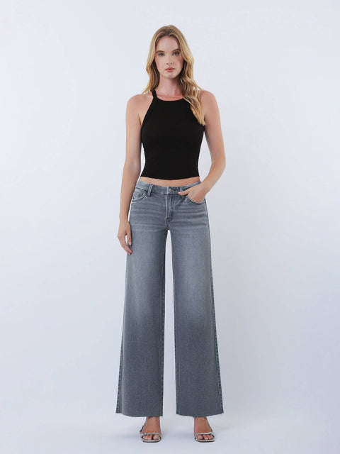 Jeans - Mid Rise Clean Cut Raw Hem Wide Leg: Grey