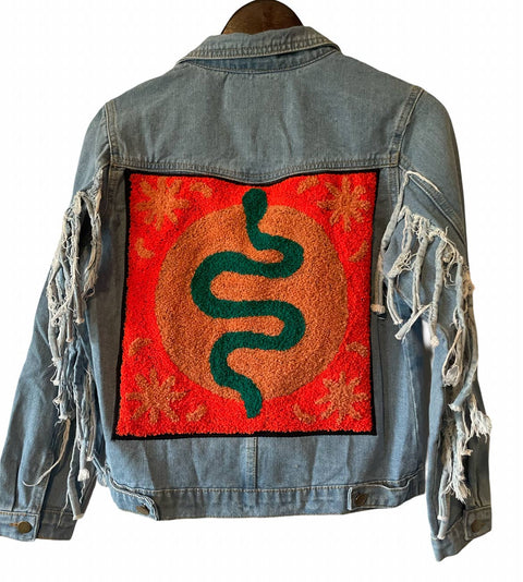 Denim Fringe Jacket - Embellished Embroidered Snake