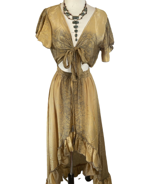 Dress (High Low Tie Front Cut Out Silk) - Gold
