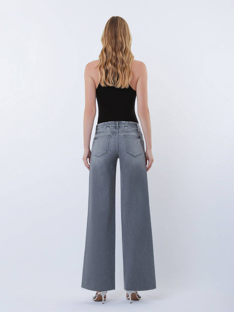 Jeans - Mid Rise Clean Cut Raw Hem Wide Leg: Grey