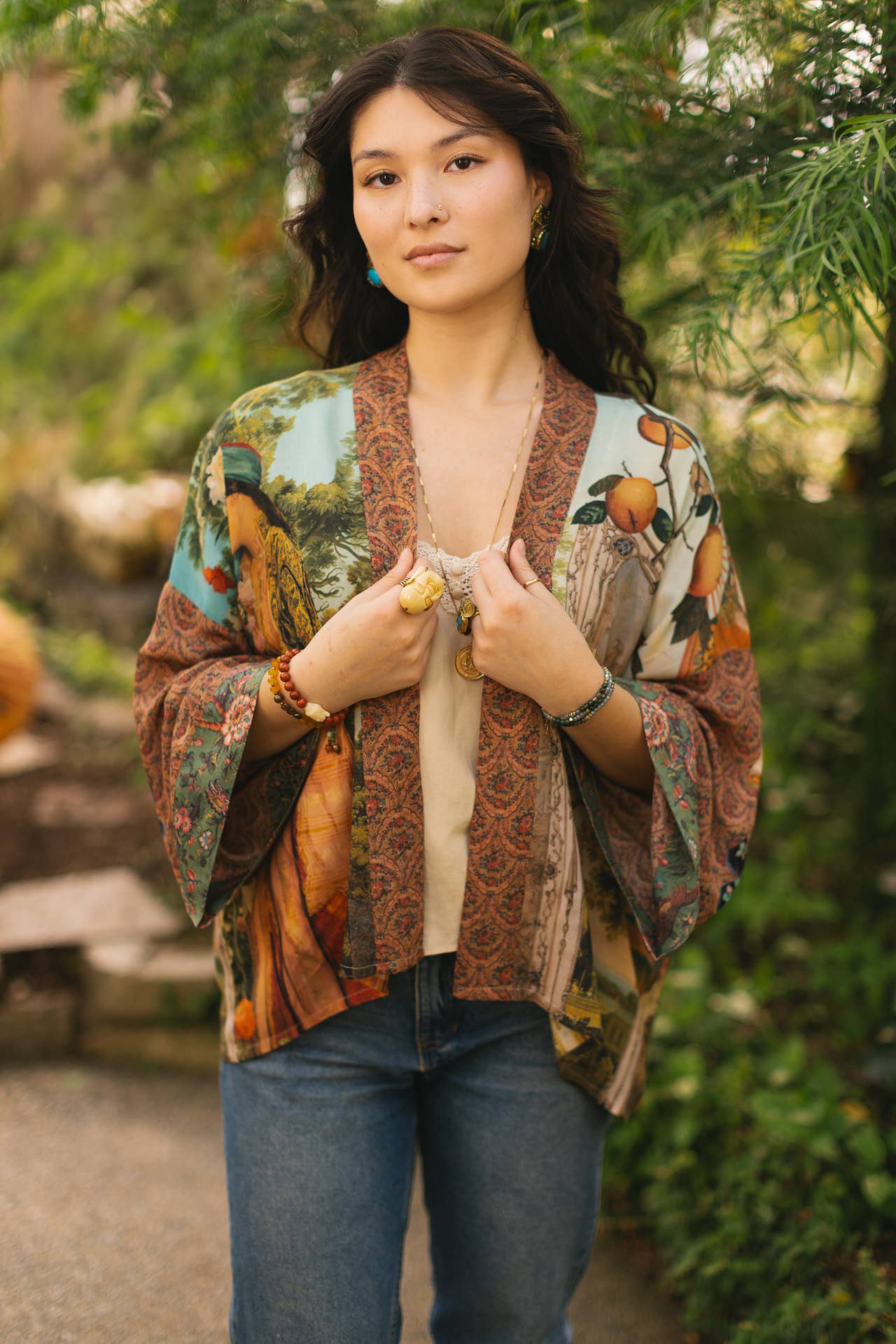 Cropped Bamboo Kimono Cardigan - Secret Garden with Swan