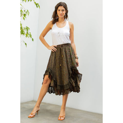Mid-Length Skirt - Bohemian with Rayon Print: Gravel